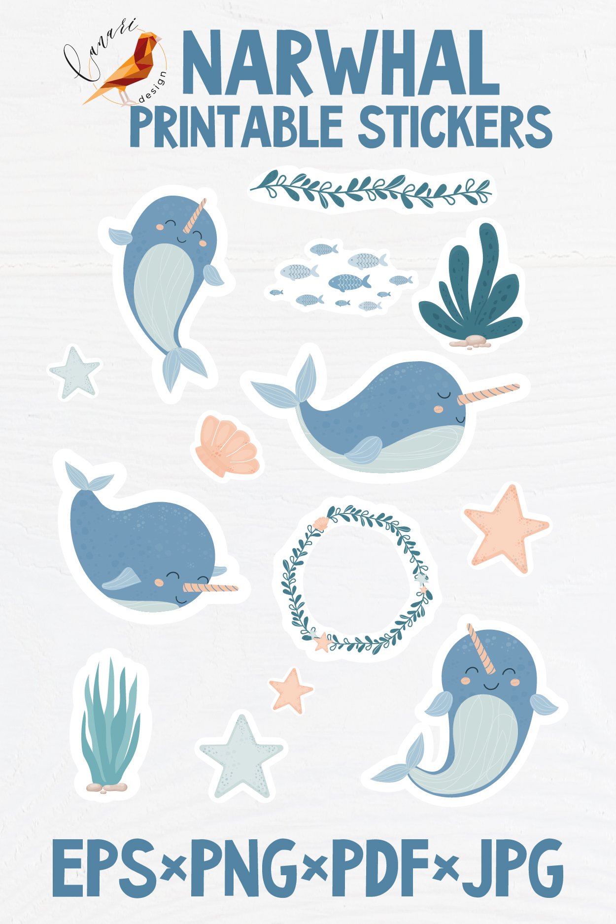 NARWHAL Colection Printable stickers PDF PNG