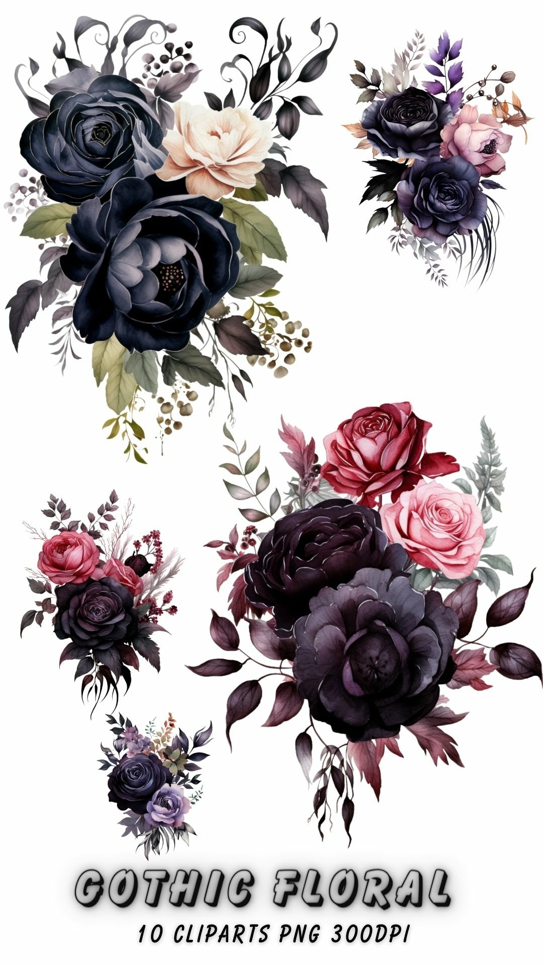 Watercolor Gothic Floral Clipart Bundle | Gothic Floral png