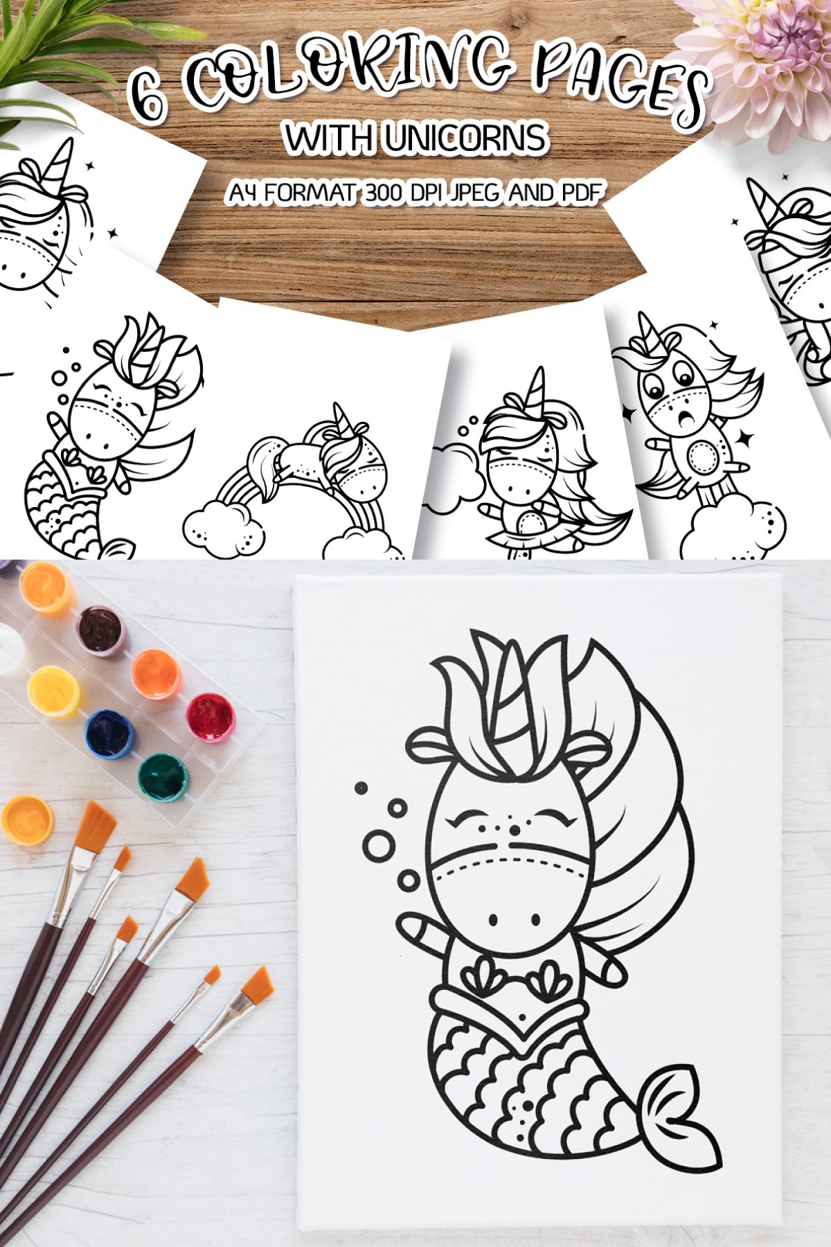 6 coloring pages with funny unicorns