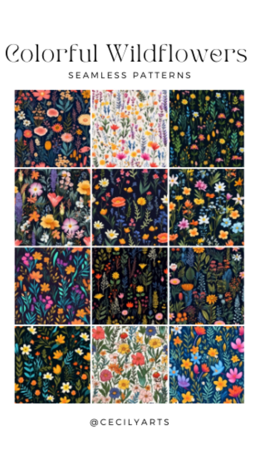 15 Colorful Wildflowers Seamless Pattern Background