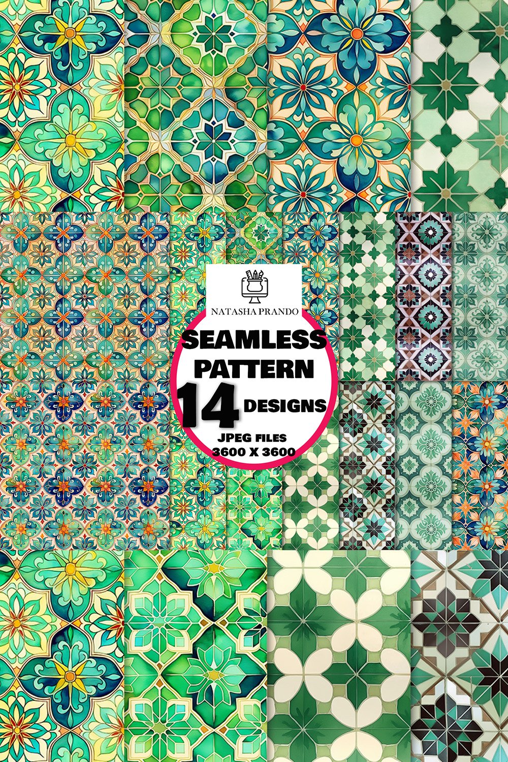 Seamless Green Moroccan tiles pattern, Digital Paper Bundle