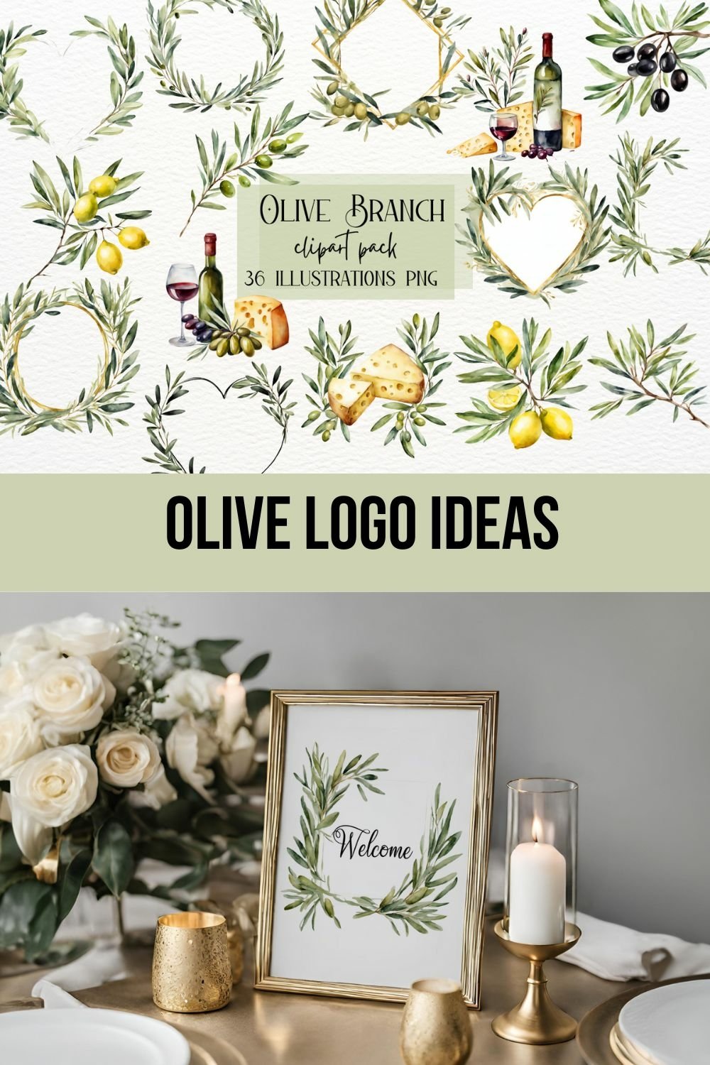 Watercolor Rustic Olive Branch Clipart, Logo Branding