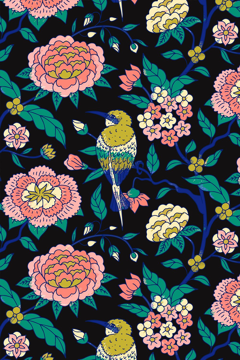 Floral Folk Seamless Pattern | Chinoiserie Bird Repeat Print