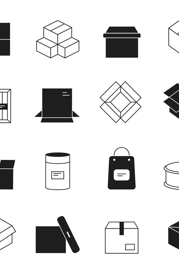 Box Paper Package Design Icon Box icons. Cardboard packages envelopes mail stack vector sy