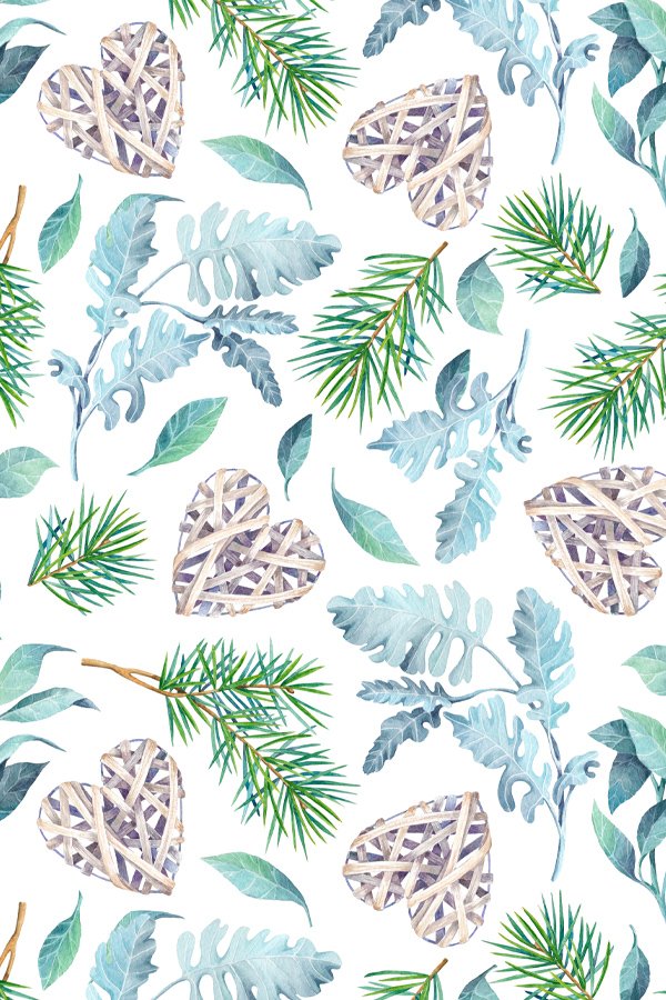 Seamless Watercolor Winter Pattern with straw hearts JPG PNG