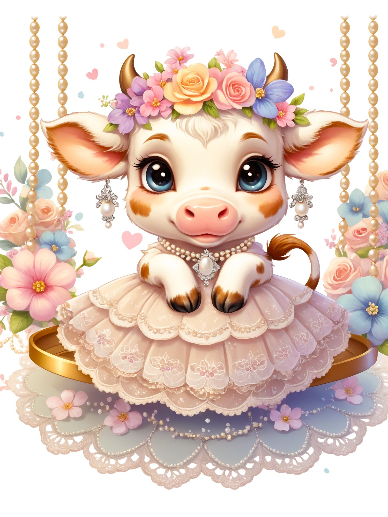 Watercolor Drawing Cute Baby Cow on swing, Clipart, Png