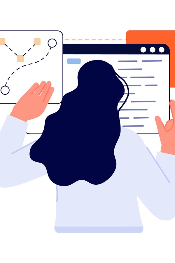 Isolated woman and abstract charts. Girl programming web sit