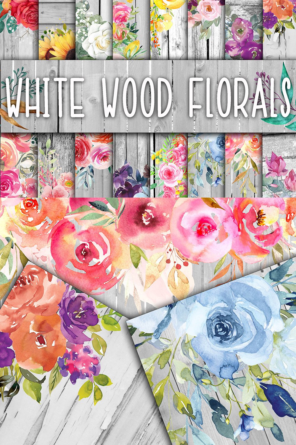 White Wood Floral Digital Papers
