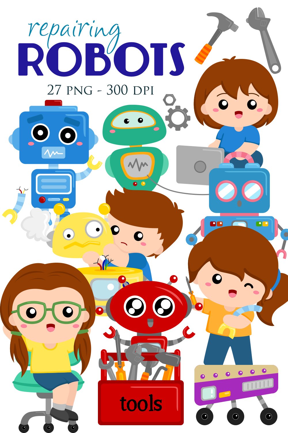 Kids Repairing Robots Science Illustration Vector Clipart