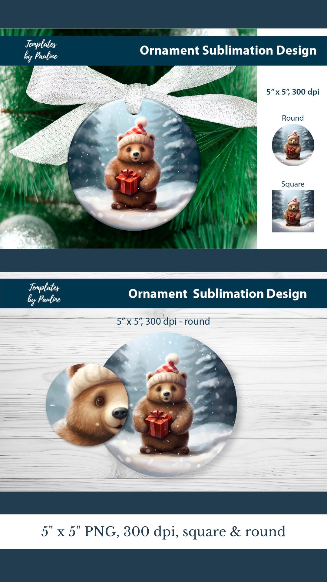 Cute bear Christmas Ornament Sublimation Design