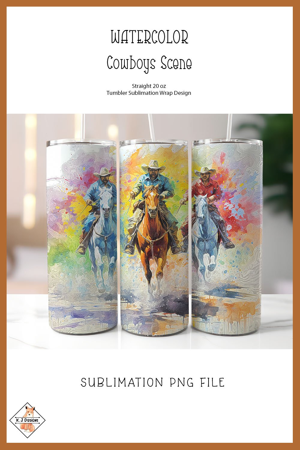 Watercolor abstract cowboys scene tumbler | Sublimation wrap