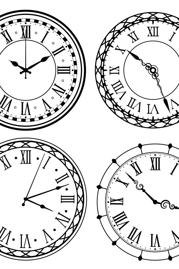 Vintage clock face. Retro clocks watchface with roman numera