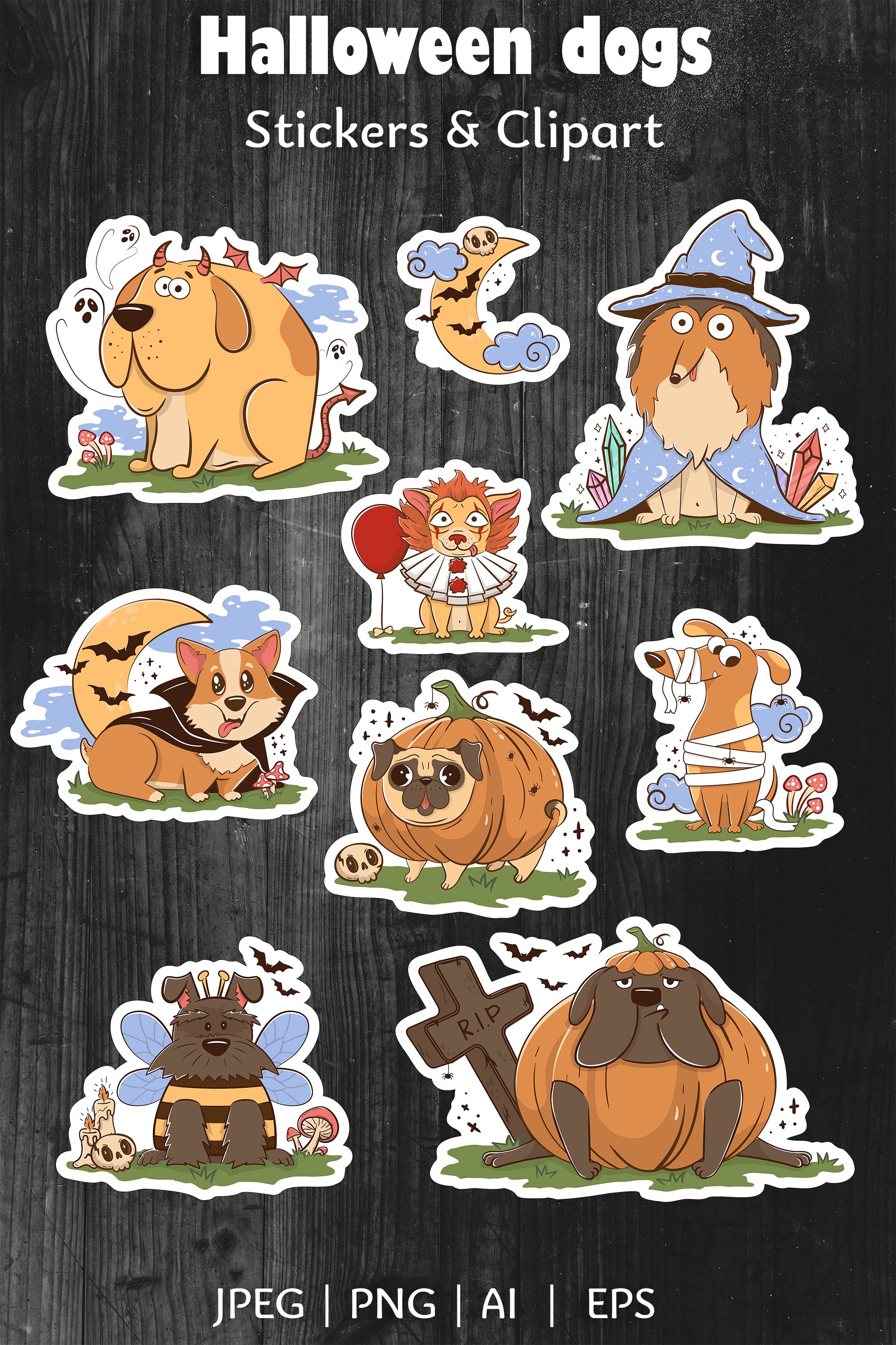 Cute dog halloween stickers Funny pets in creepy costums