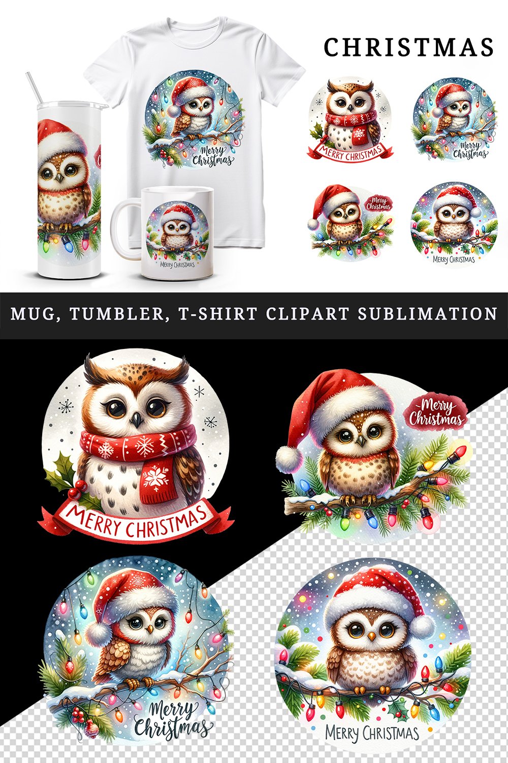Merry Christmas owl tumbler mug wrap clipart sublimation png
