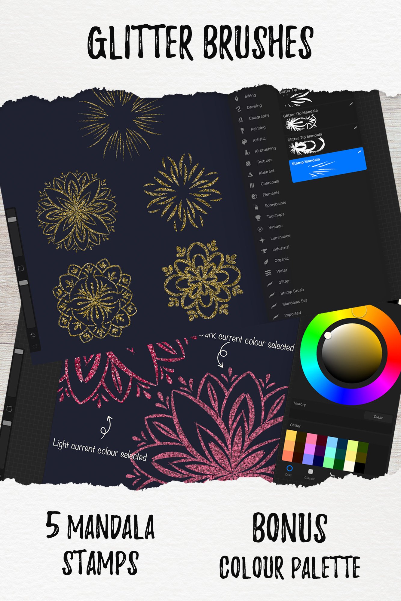 5 Glitter Mandala Tip Stamp | Glitter brushes for Procreate