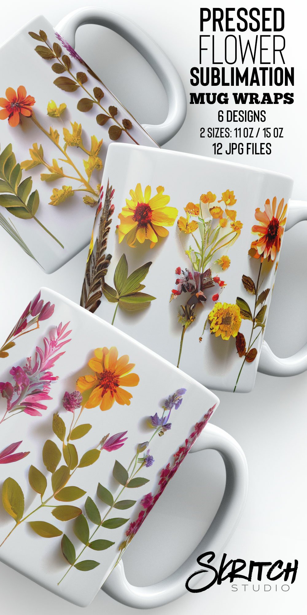 Pressed Flower Sublimation Mug Wrap JPG Designs