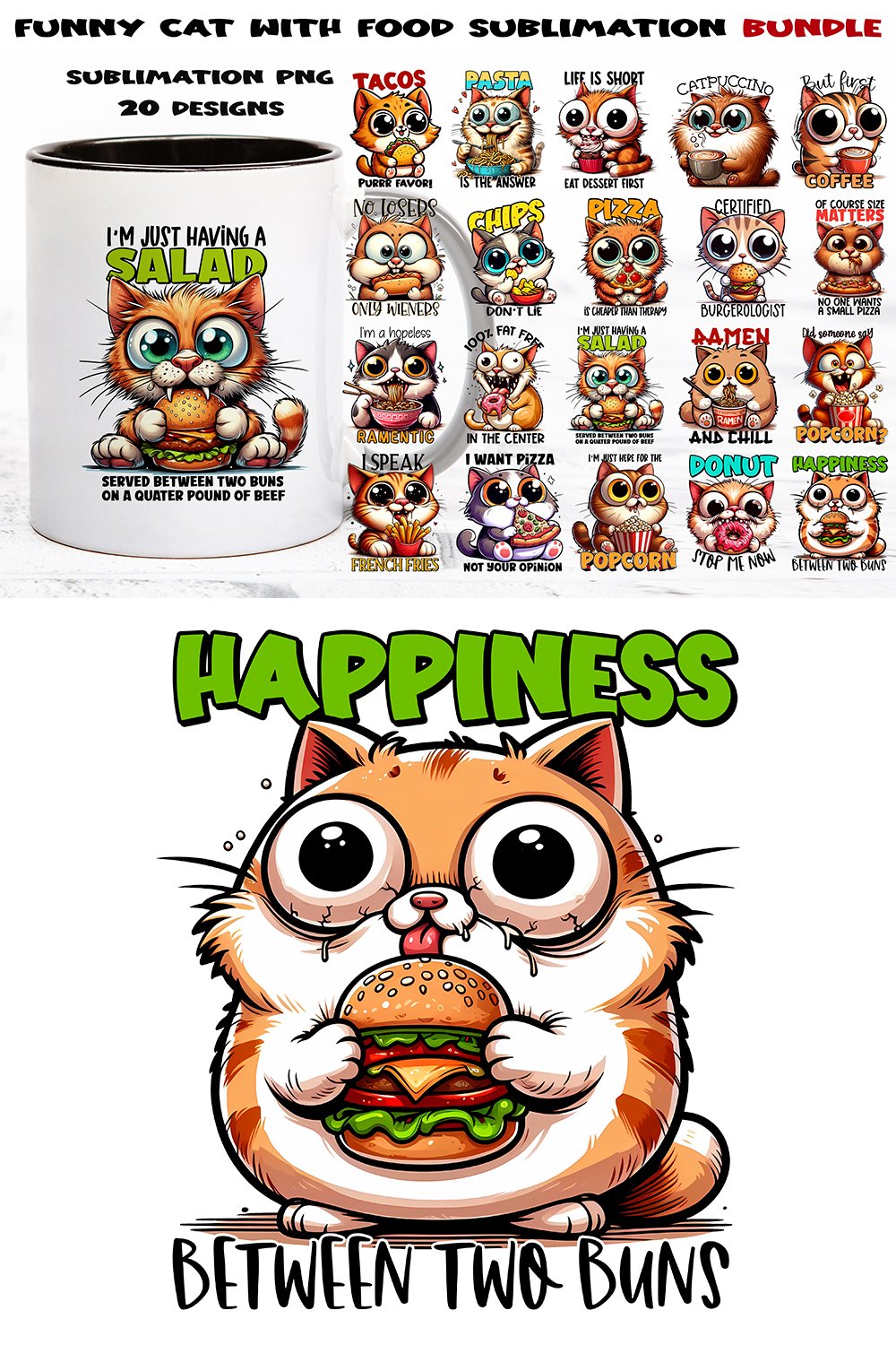 Funny cat with food saying BUNDLE. Sublimation PNG.