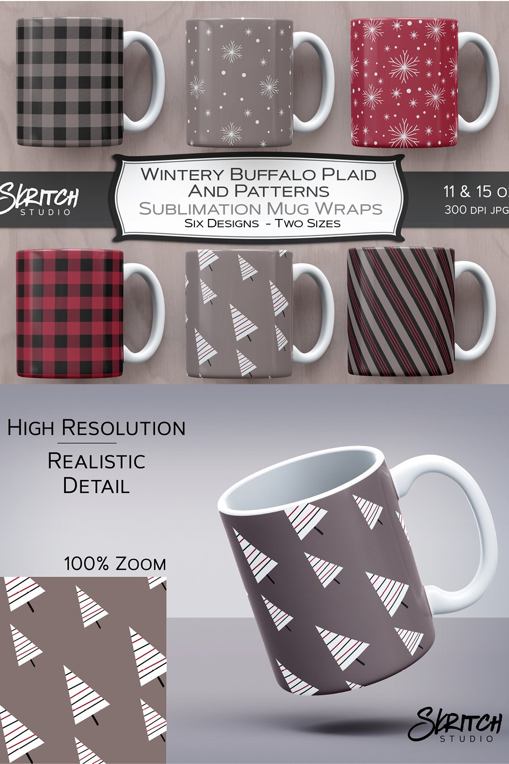 Wintery Buffalo Plaid Sublimation Mug Wraps - 6 Designs