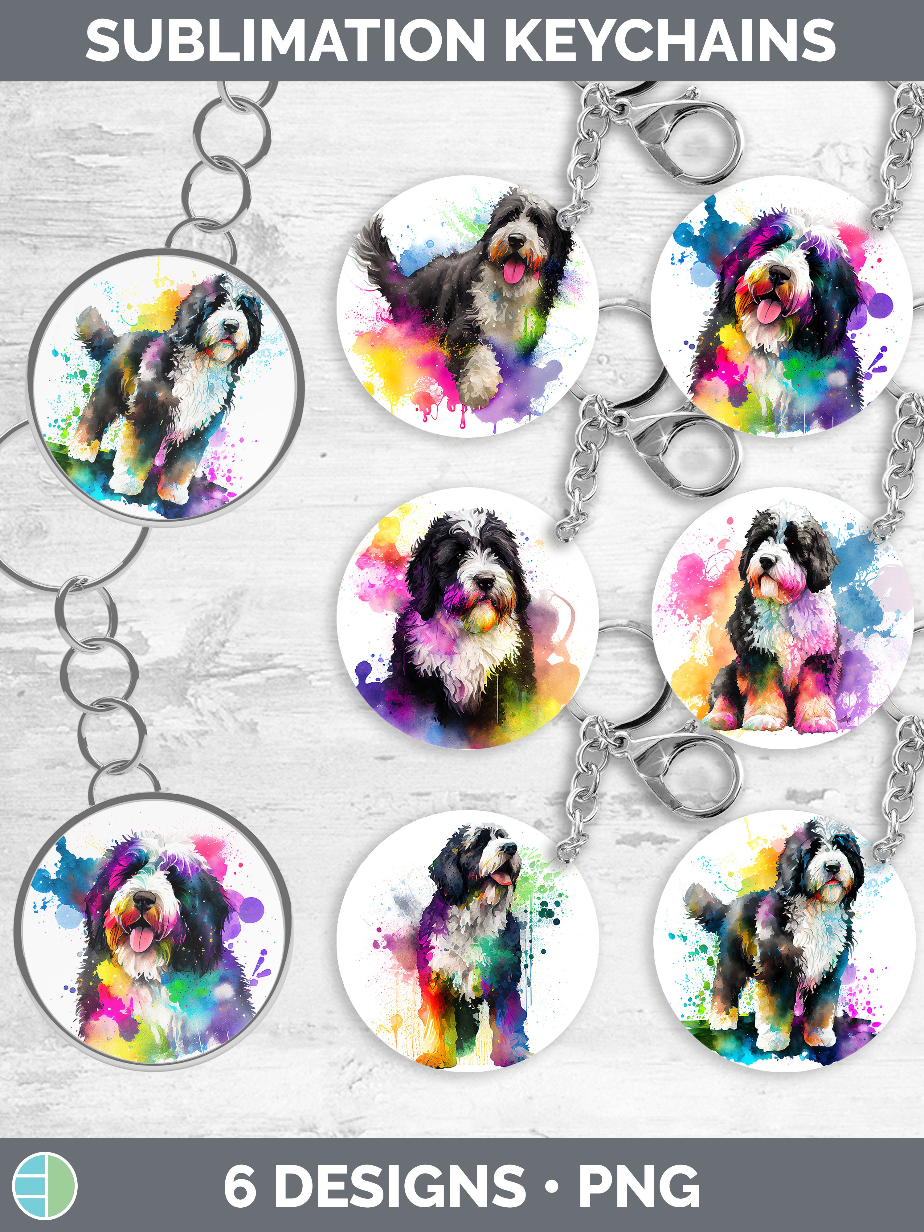 Rainbow Bernedoodle Dog Keychain Sublimation Keyring Desig