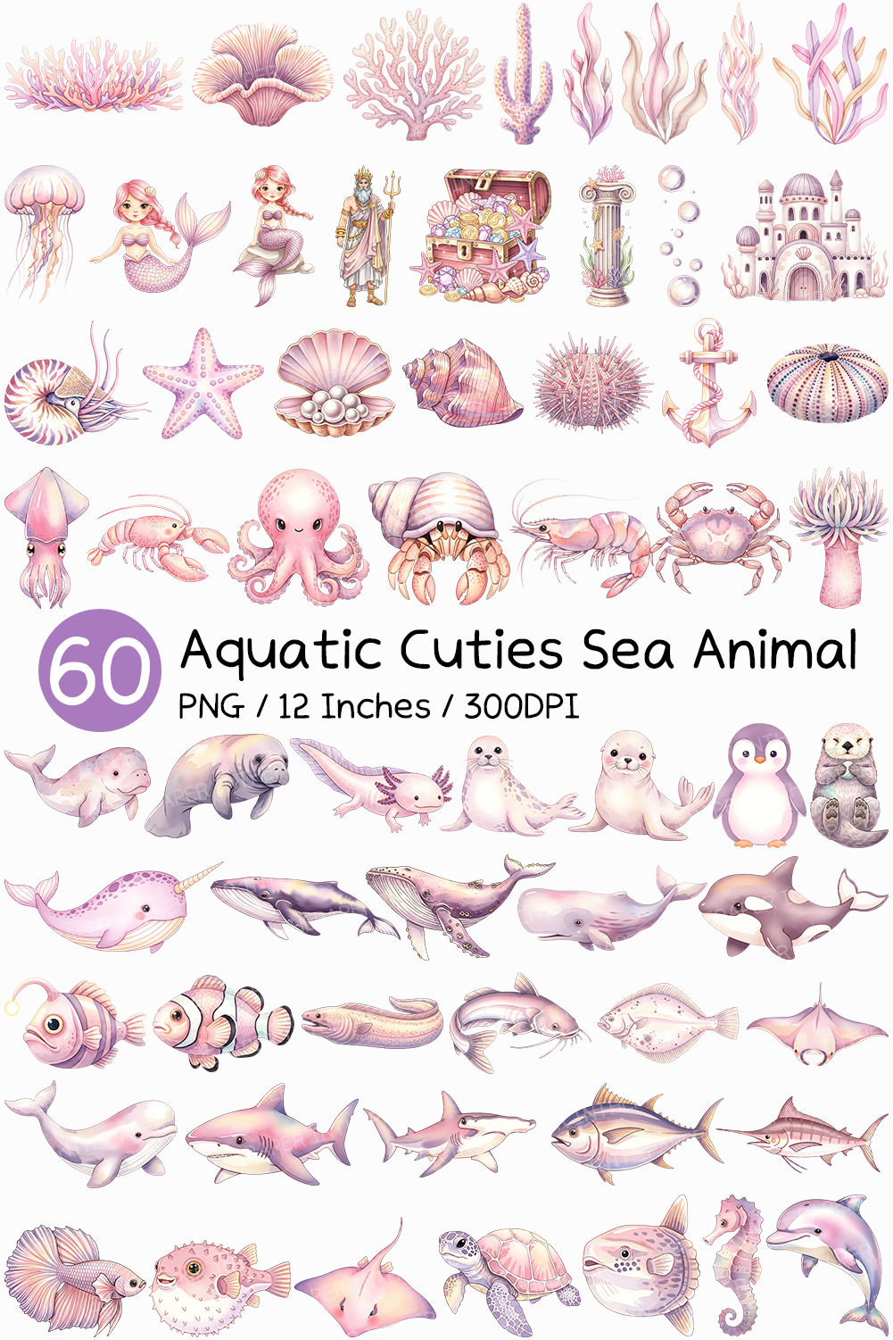 Aquatic Cuties Sea Animal | Watercolor Mermaid Pink PNG
