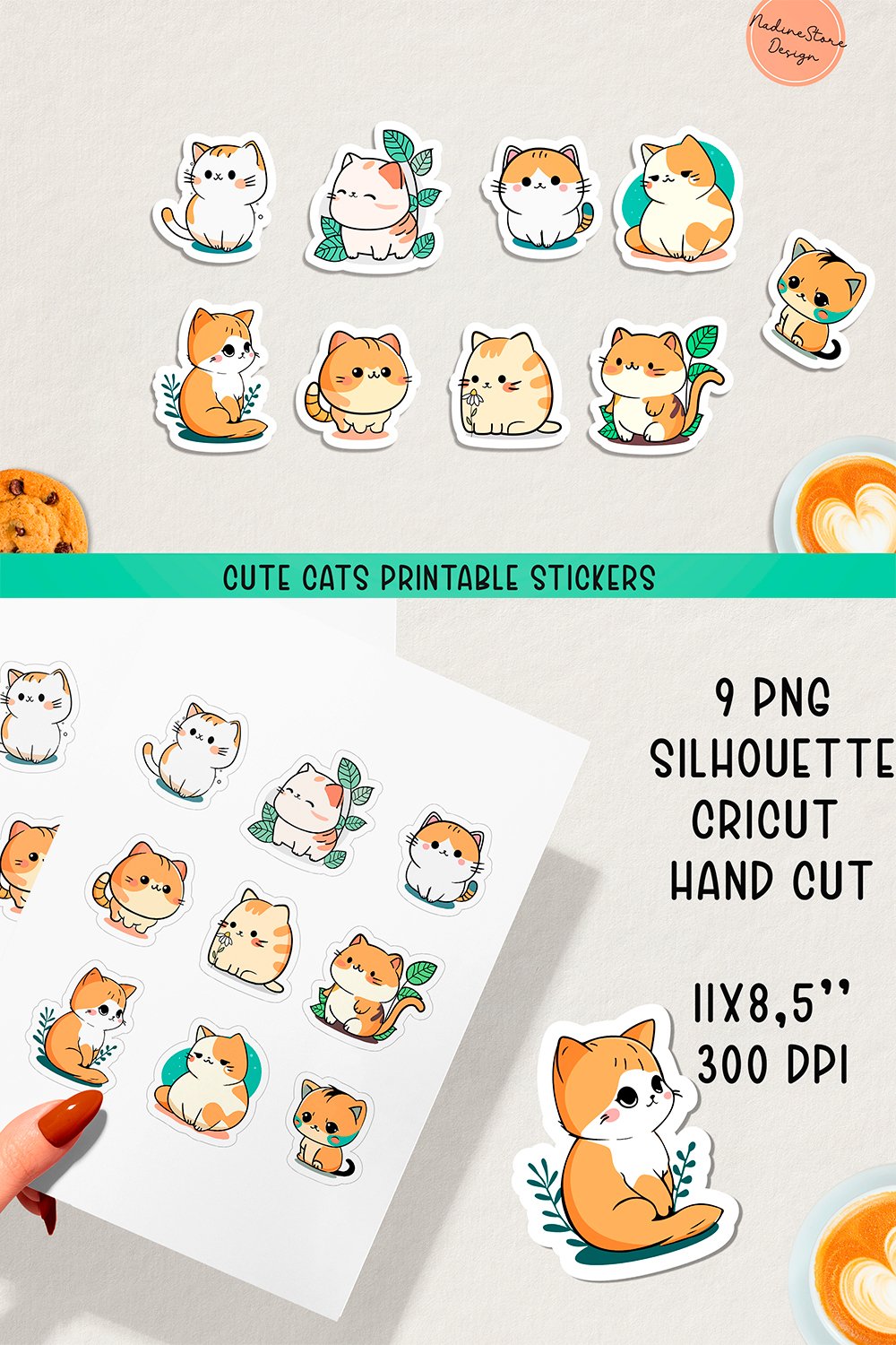 Cute cats printable stickers. PNG.