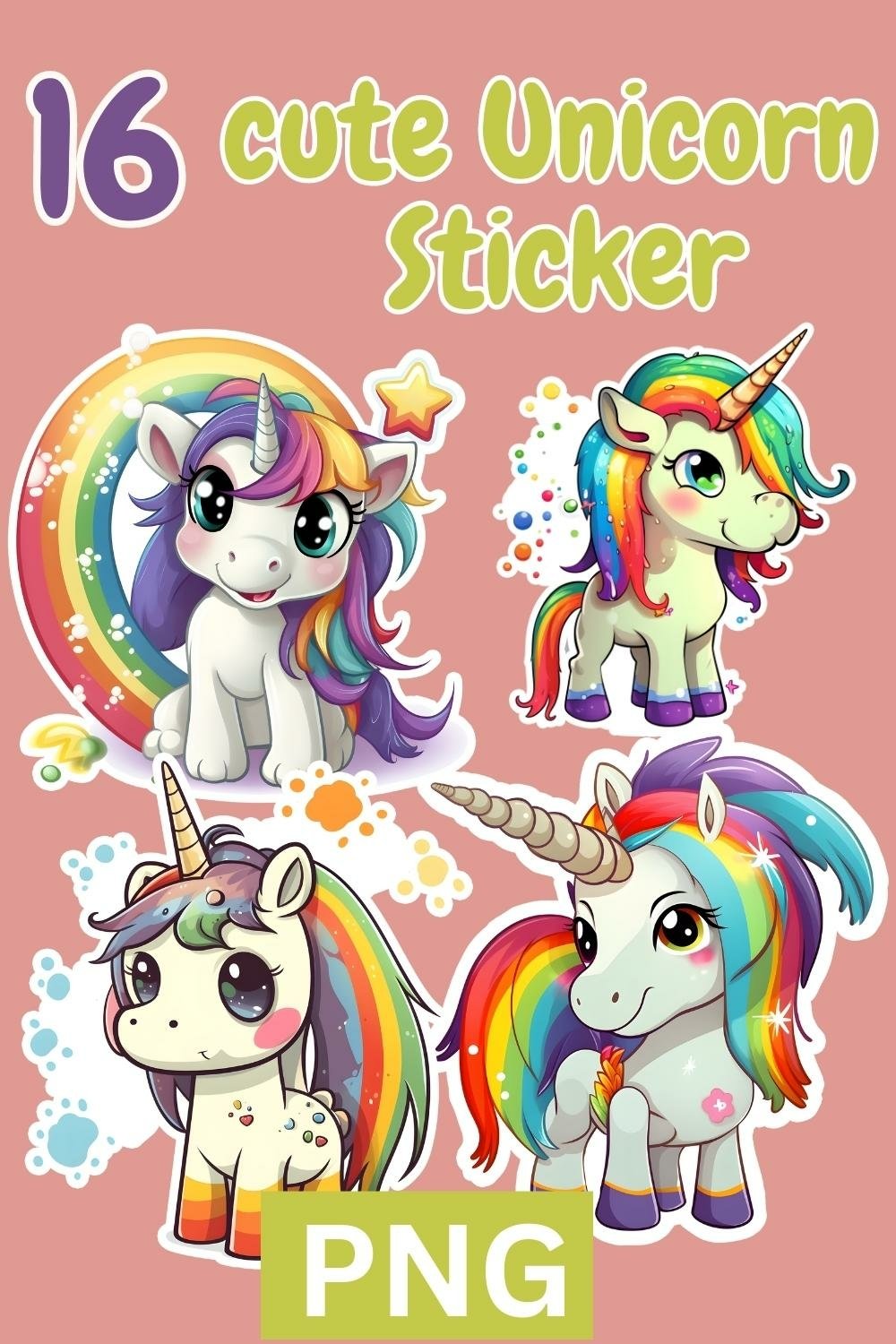 digital sticker set of 16 cute Unicorns stickers PNG