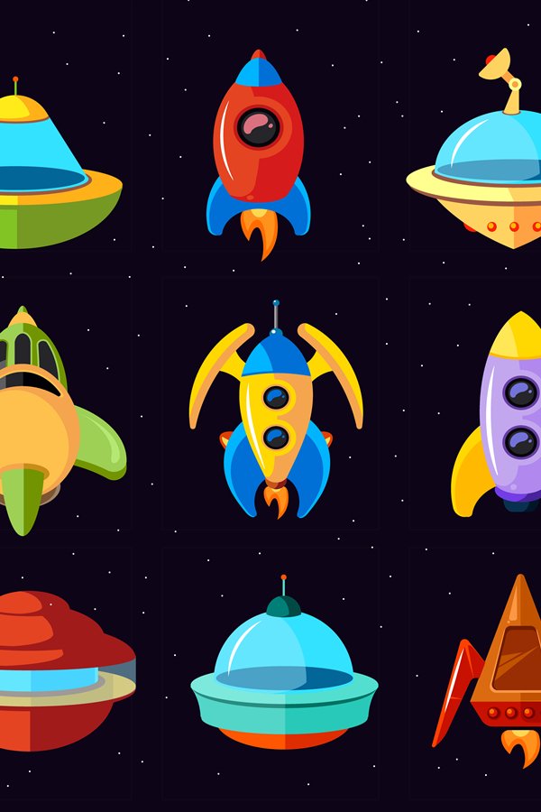 Cartoon vector fantastic ufo, spaceships and rockets vector