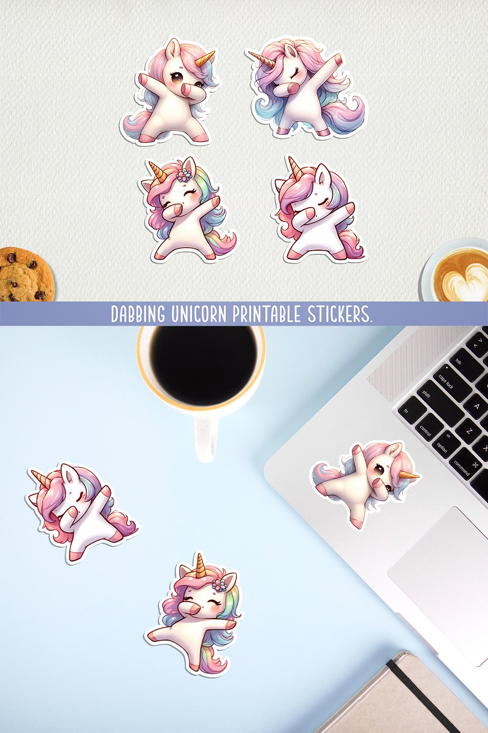 Dabbing unicorn printable stickers. PNG, JPG.