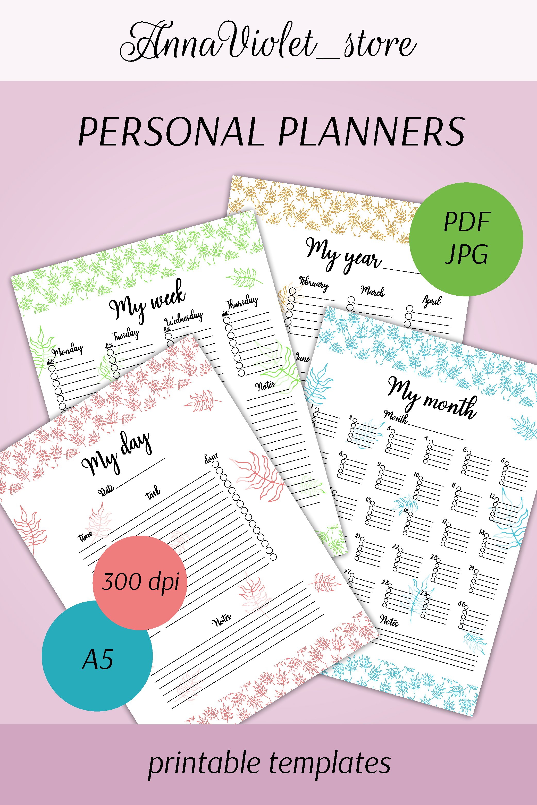 Planner Pages Set | A5 Printable Templates | Leafy Design
