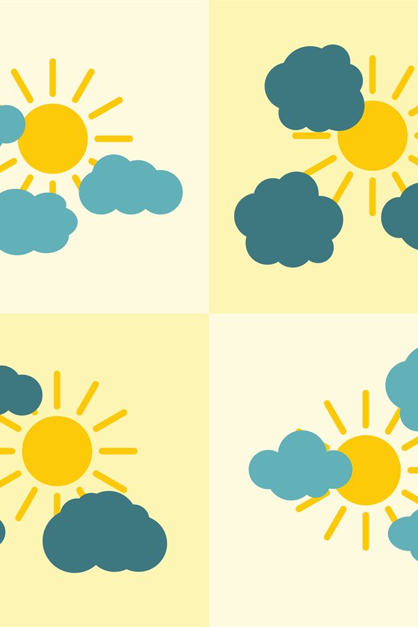 Clouds flat icons on yellow background with sun