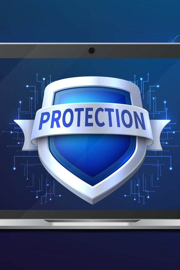 Laptop with protection shield. Data protect, realistic digit