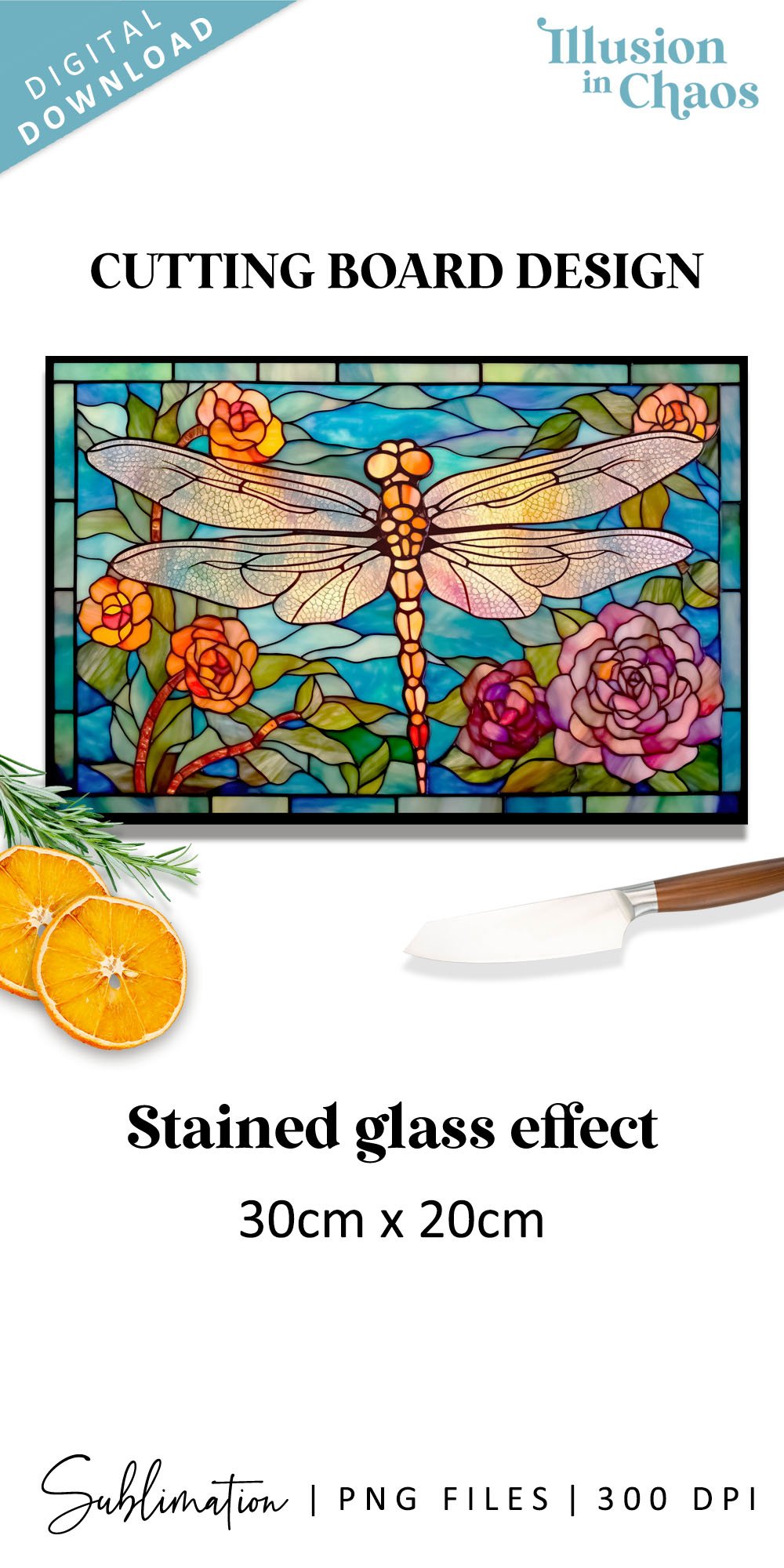 Floral Dragonfly stained glass cutting board design
