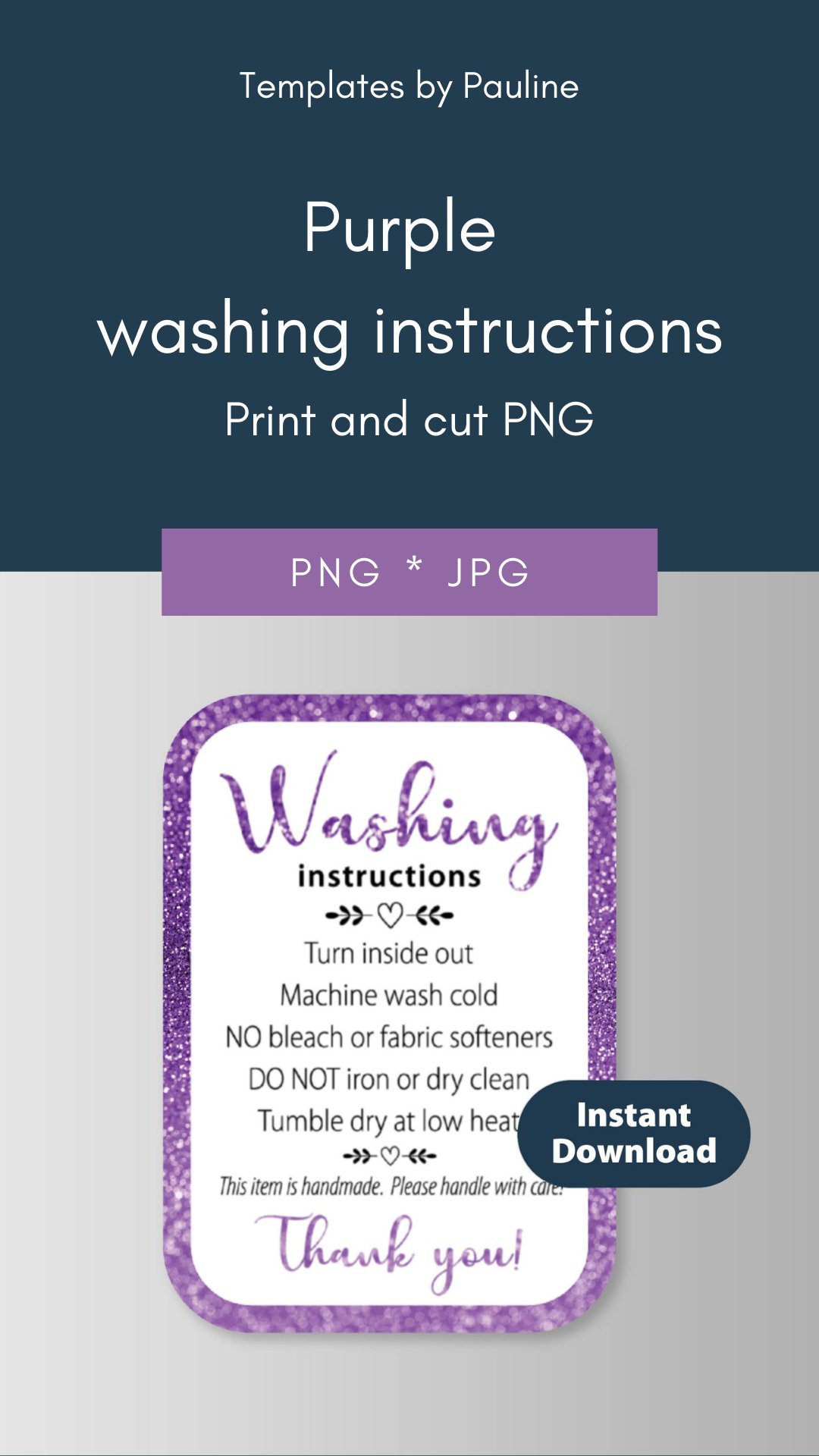 Purple glitter tshirt washing instructions cards PNG