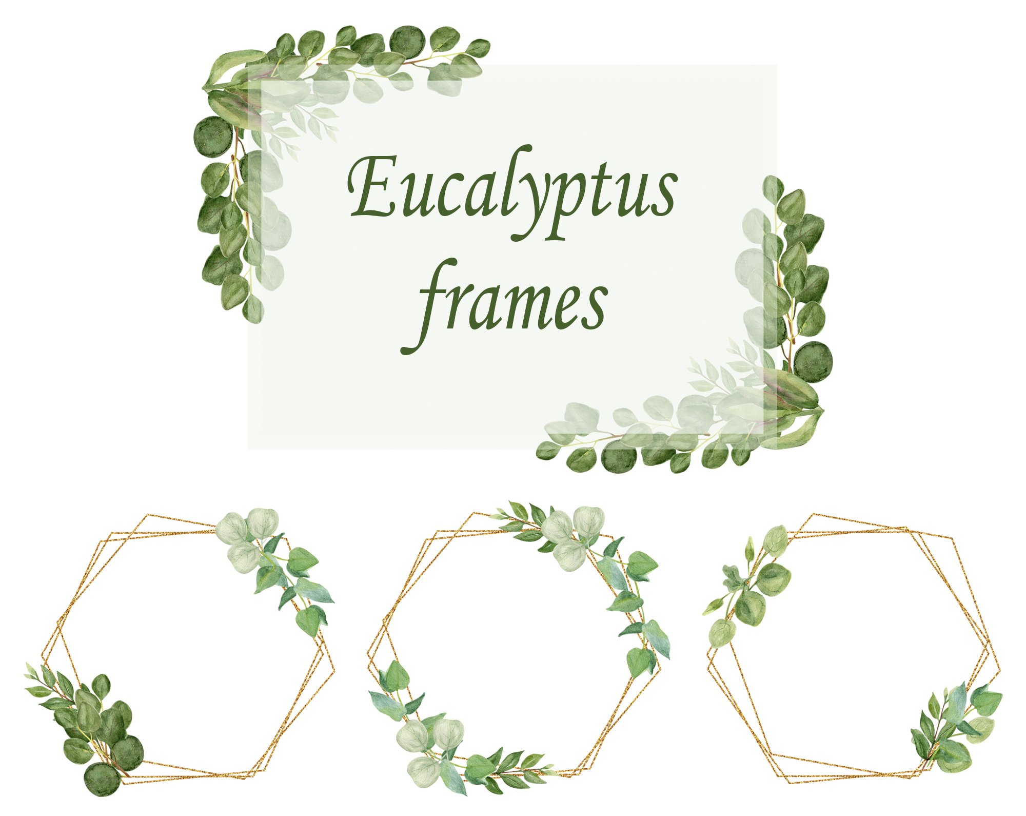 Watercolor Golden frame eucalyptus leaves clipart