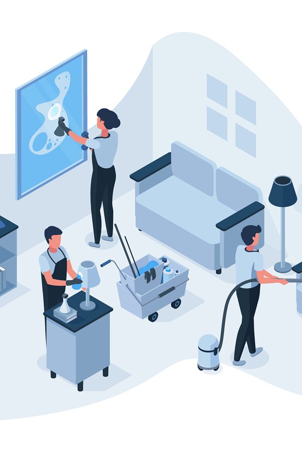Isometric professional house cleaning service team at work.
