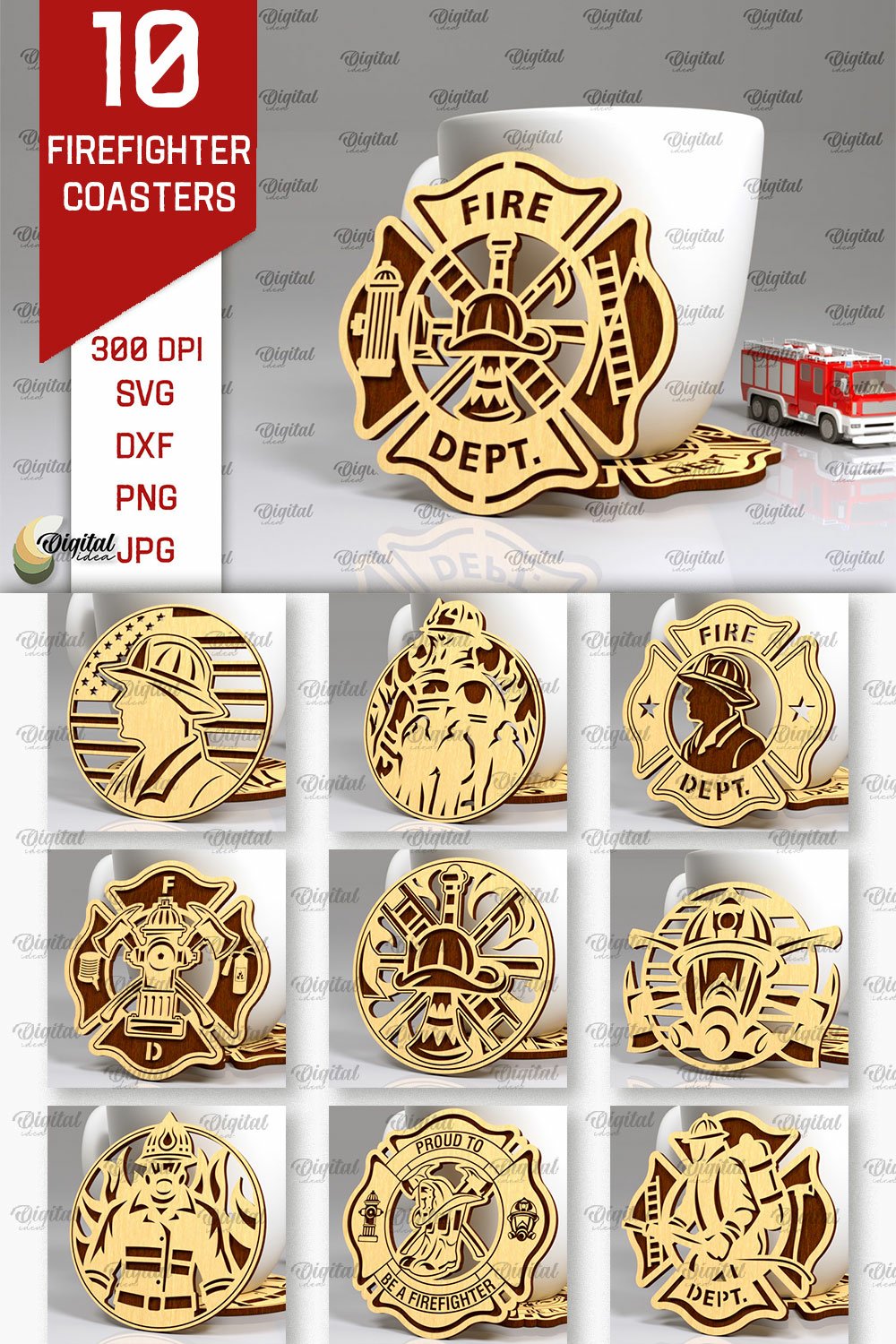 Firefighter Coasters LaserCut Bundle. Firefighter Design SVG