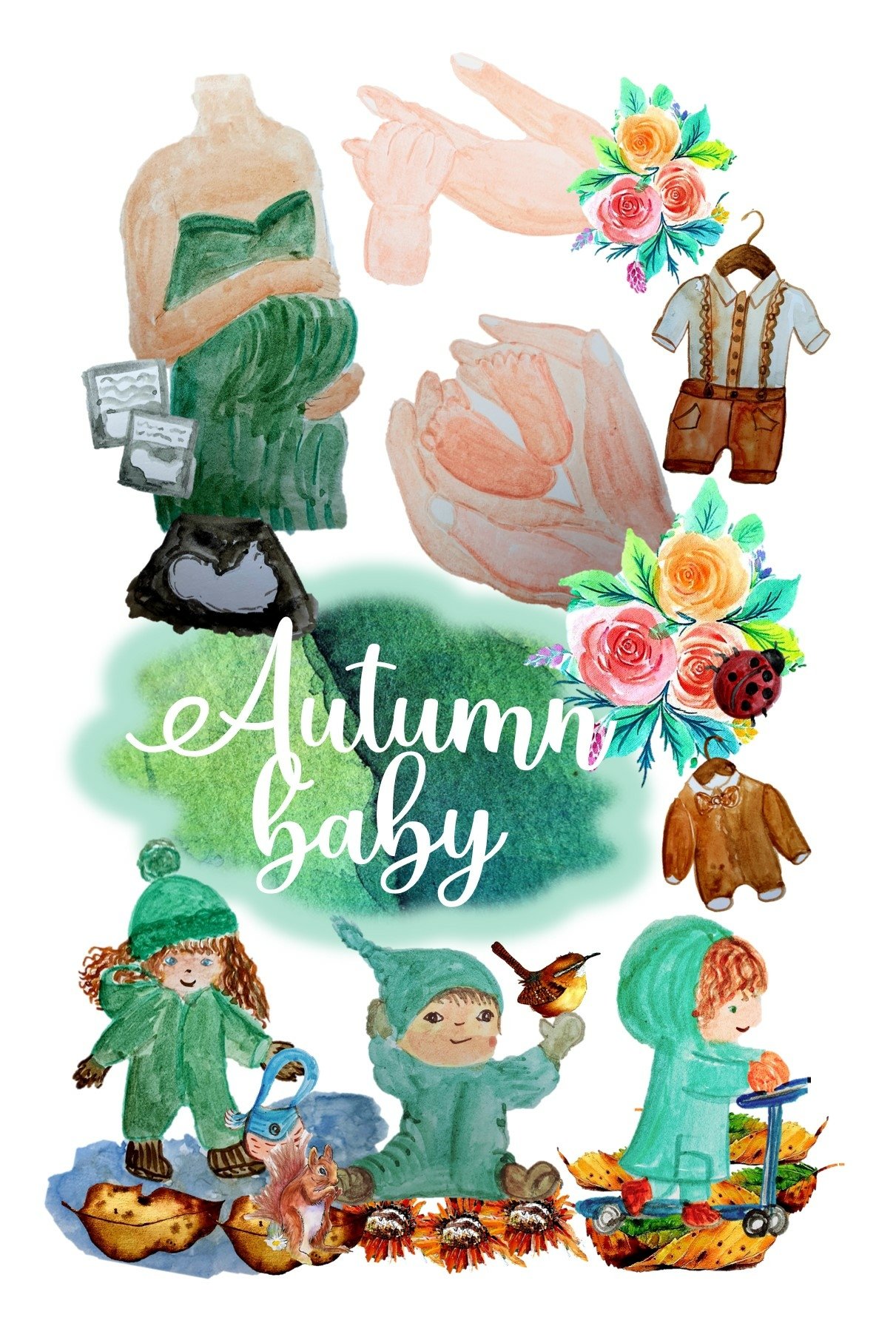 watercolour fall baby and maternity clipart with wall art