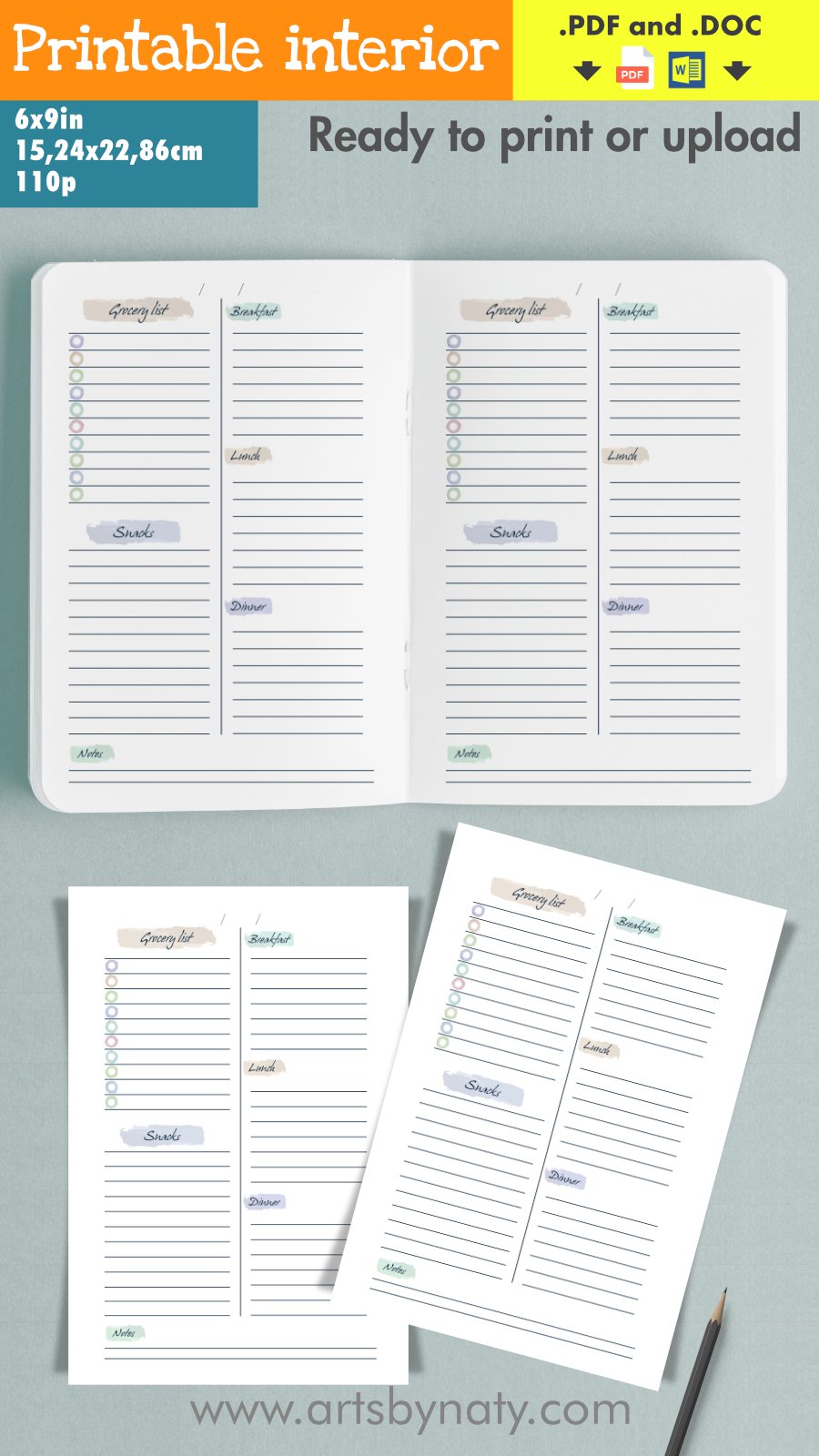 Watercolor daily meal planner Printable notebook.