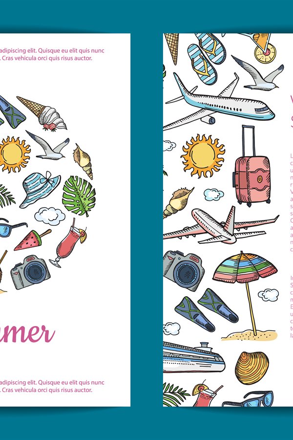 Vector hand drawn summer travel elements card, flyer or broc