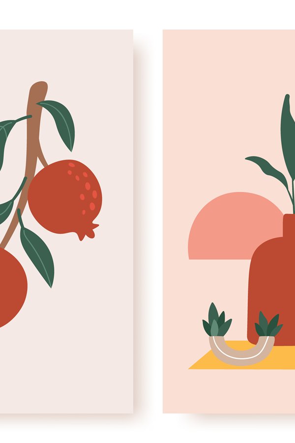 Vase and fruit print. Still life with ceramics and fruits pe