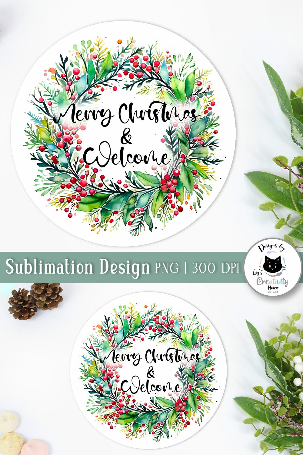 Merry Christmas Wreath PNG | Watercolor Winter Welcome Sign