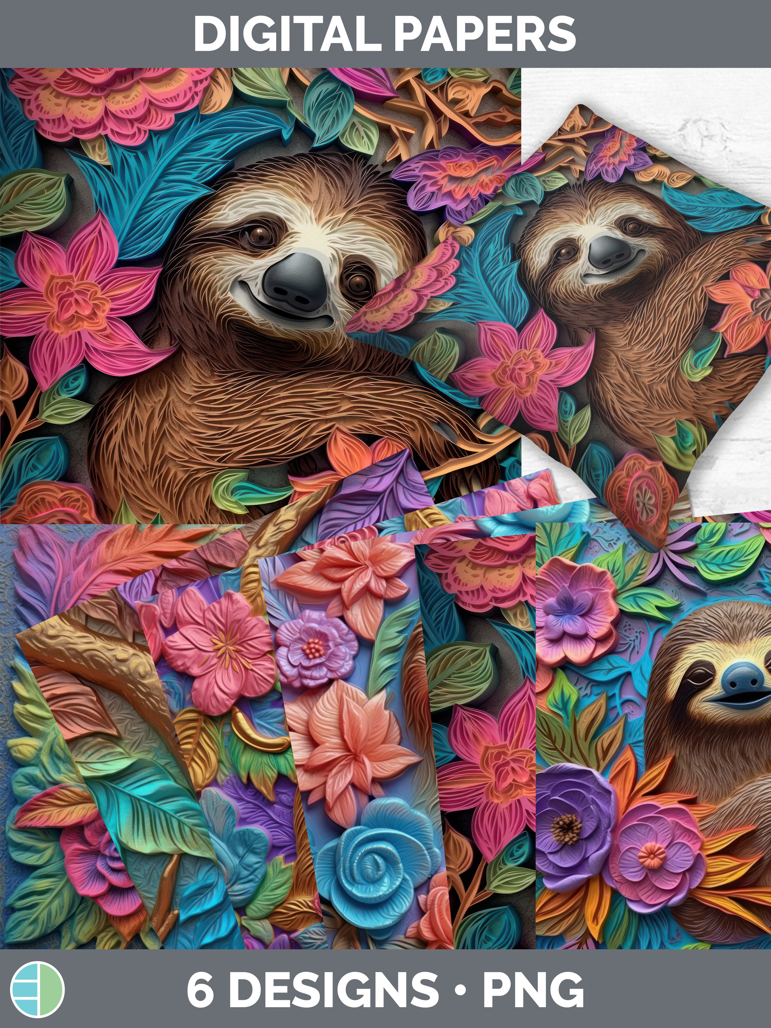 Sloth Digital Paper 3D Sloth Paper Backgrounds | Digital Scrapbook Papers Design