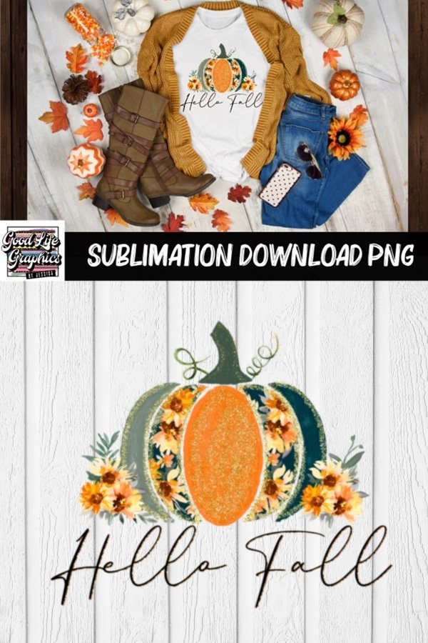 Hello fall sunflower pumpkin sublimation design for tshirts