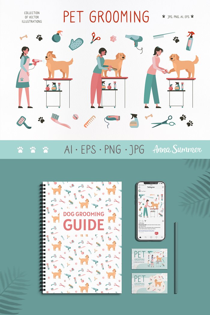 Dog grooming, Pet Vector set of clipart pet supplies