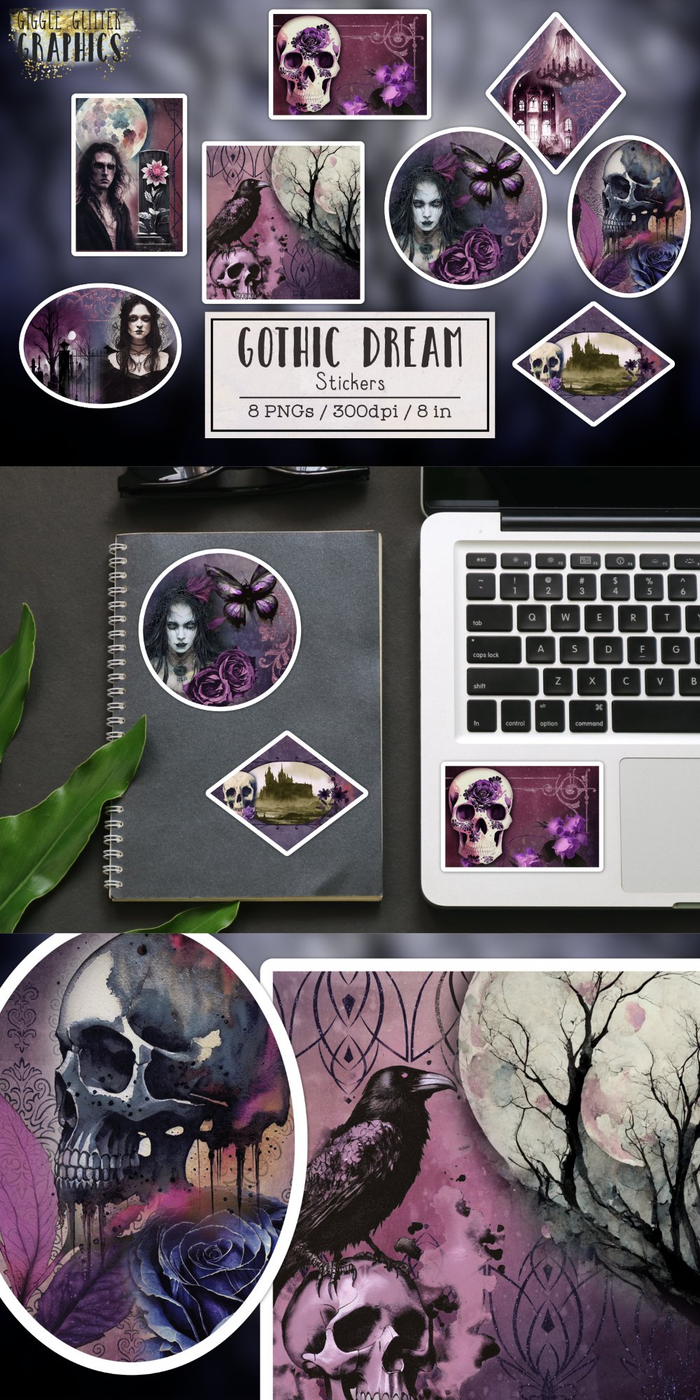 Gothic Dream Printable Stickers | 8 PNGs