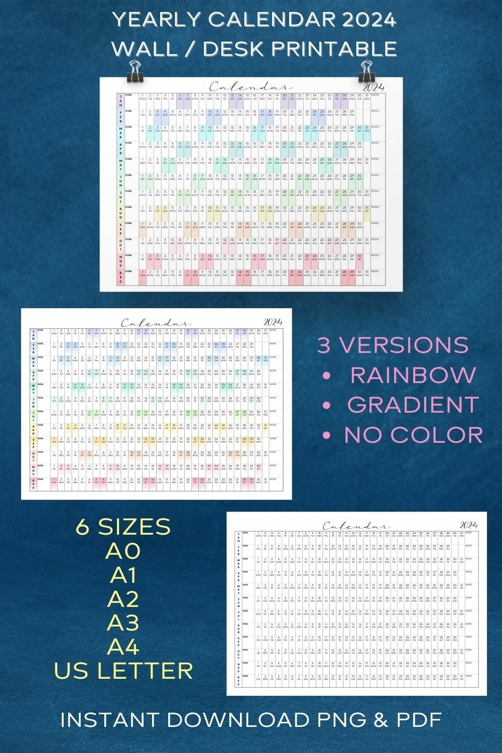 2024 Wall Calendar Set 3 Version PNG PDF Printable