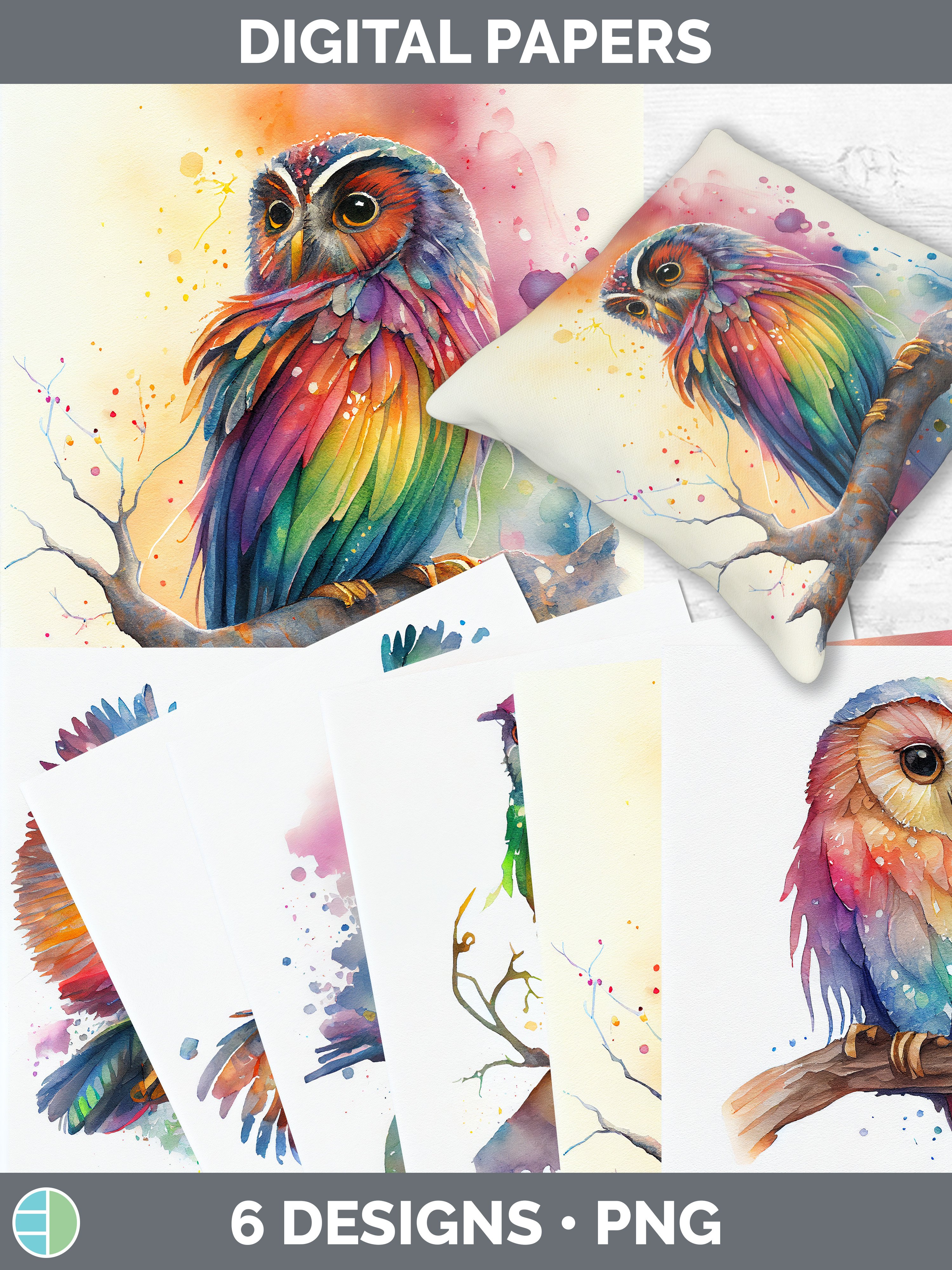 Rainbow Elf Owl Paper Backgrounds | Digital Scrapbook Papers