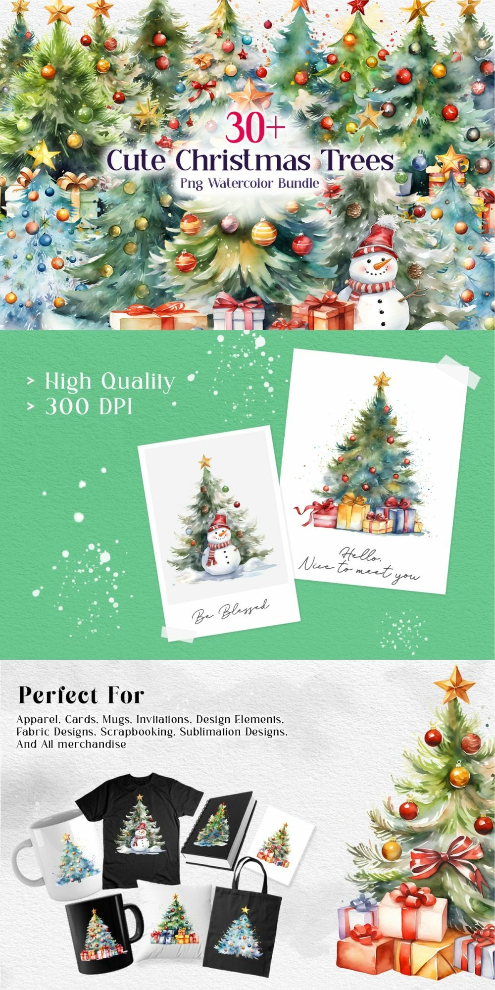 Watercolor Christmas Trees Clipart PNG Bundle