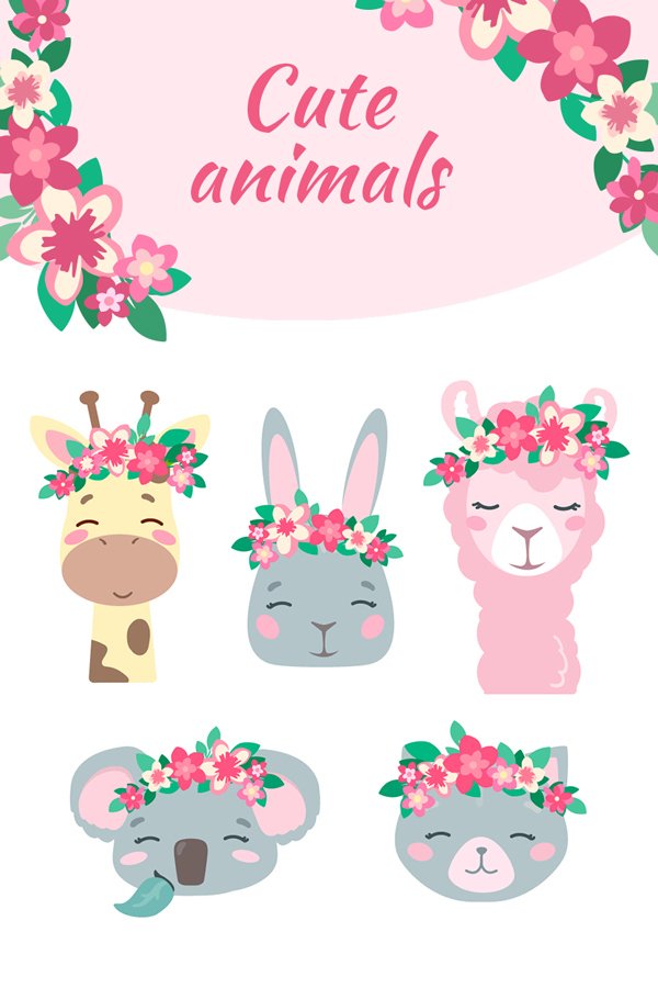 Cute animals in floral wreaths. Vector clipart (1602399)