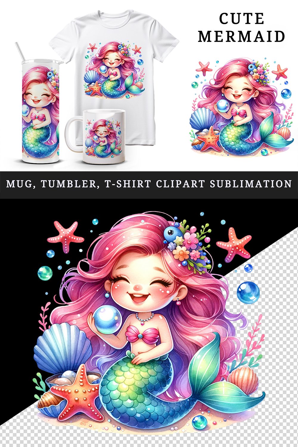 Cute mermaid tumbler mug wrap clipart sublimation design png